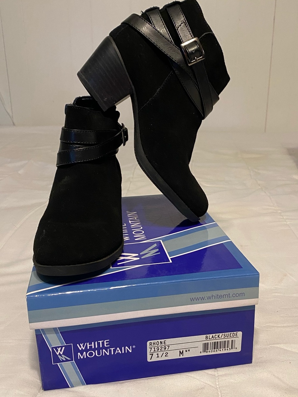 White Mountain Black Suede Ankle Booties with Strap and Buckle